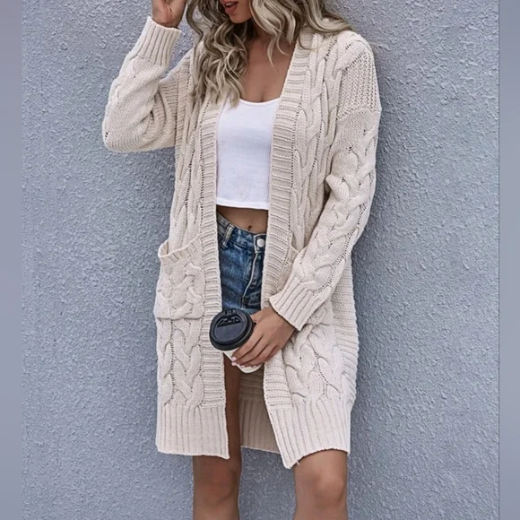 New Boho Long Cable Knit Cardigan Sweater Pockets Long Sleeve Beige Cream Ivory - Picture 7 of 9